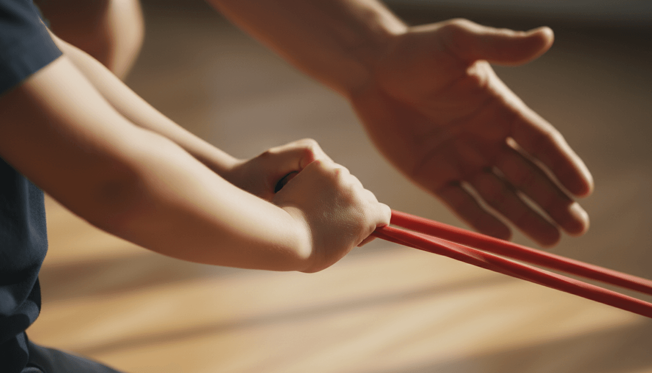 Close-up of proper hand grip and technique during resistance band exercise