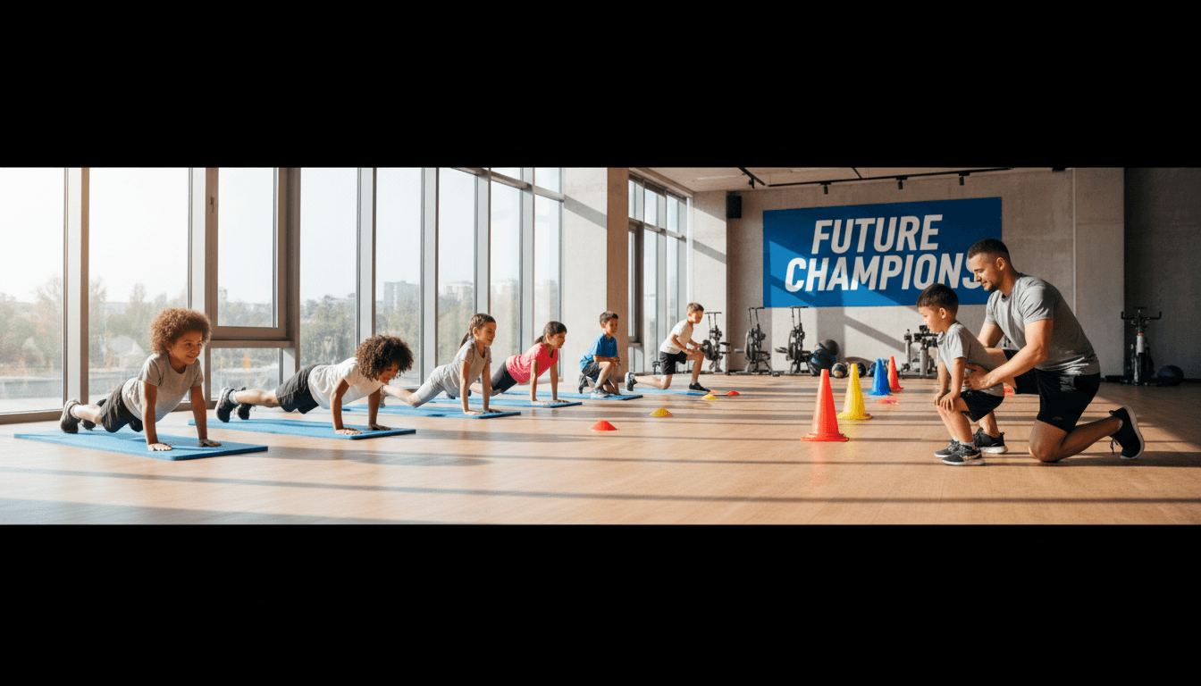 Young athletes training with a coach in a bright, modern facility focused on proper movement technique