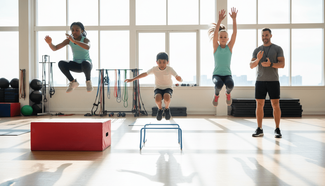 Multiple young athletes performing jump exercises during group training session