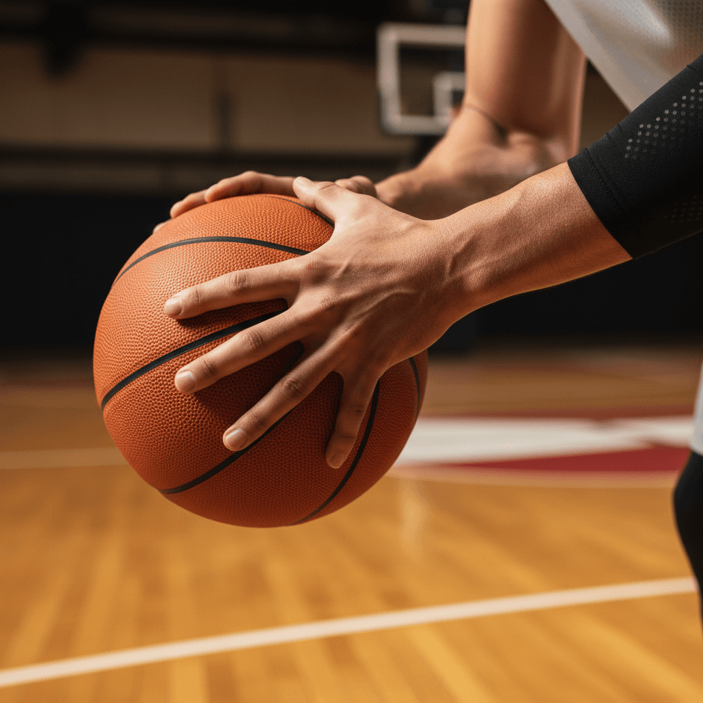 Close-up of coach demonstrating proper basketball grip and hand placement to young athlete