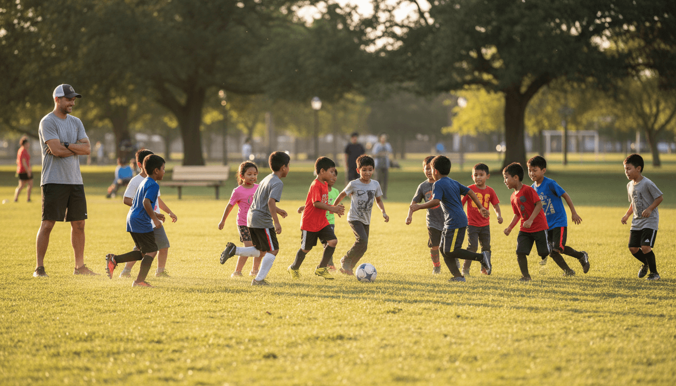 Children playing in small-sided soccer match on grass field with coach observing during golden-hour training session in park