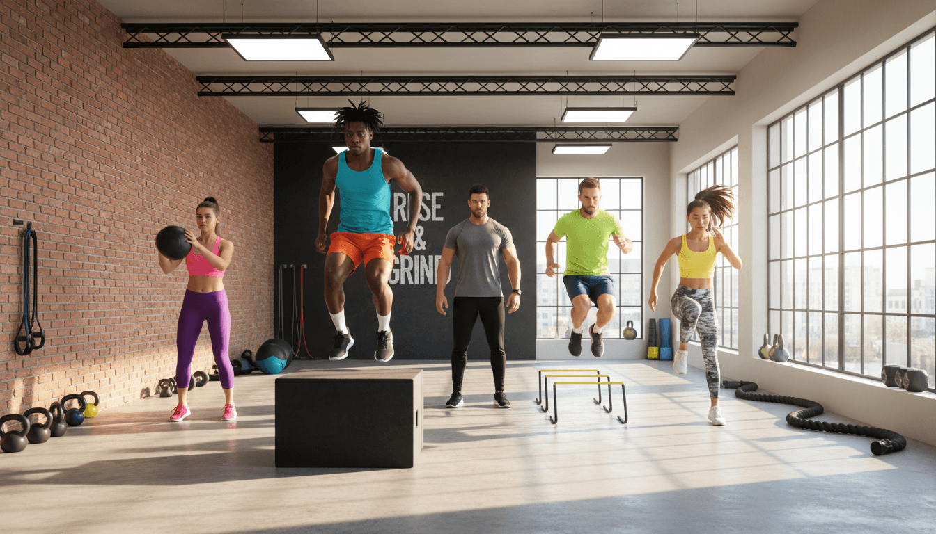 Young athletes performing dynamic movements with proper form in a professional training facility