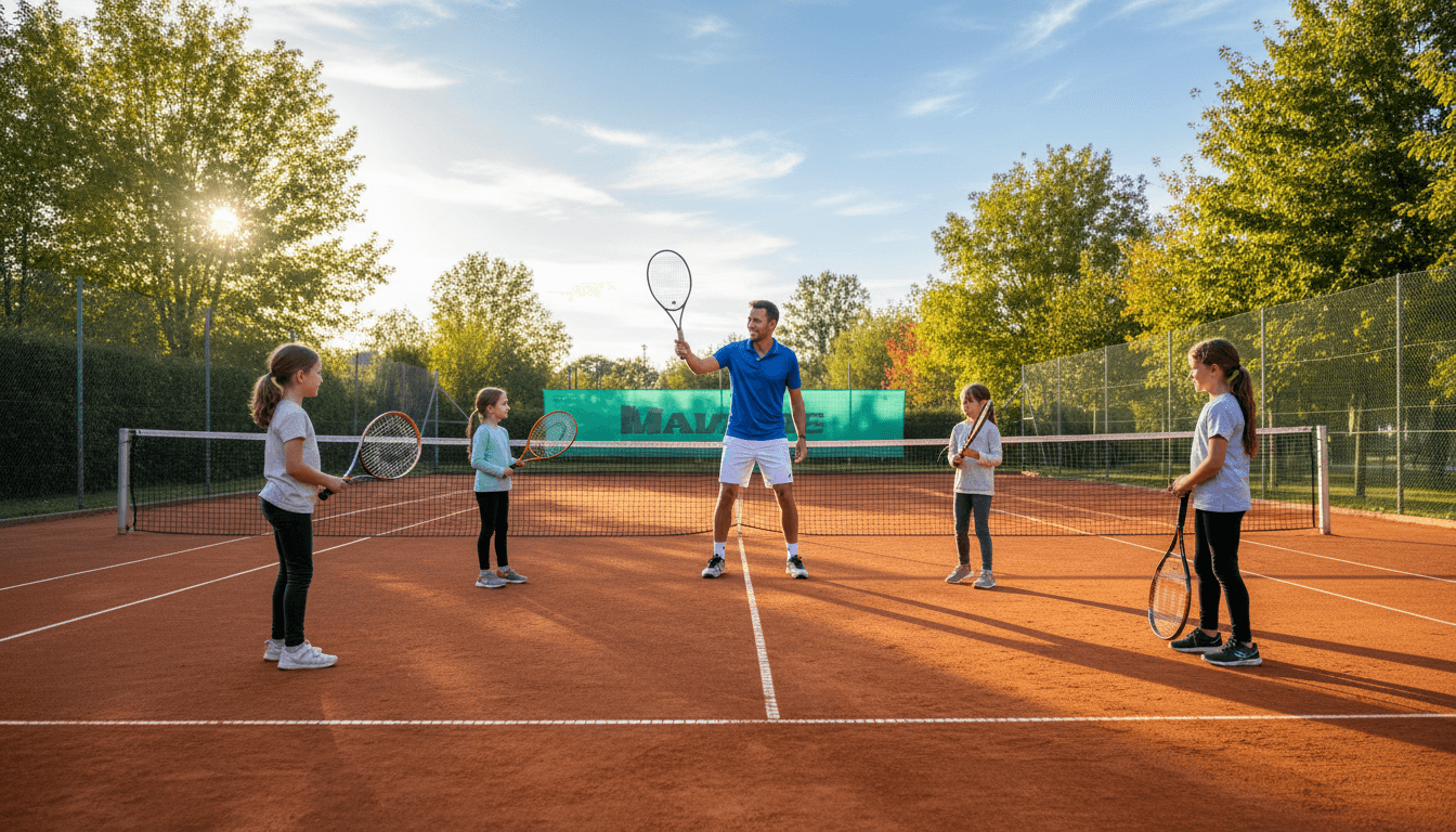 Tennis coach demonstrating technique to group of young students on outdoor clay court during instruction