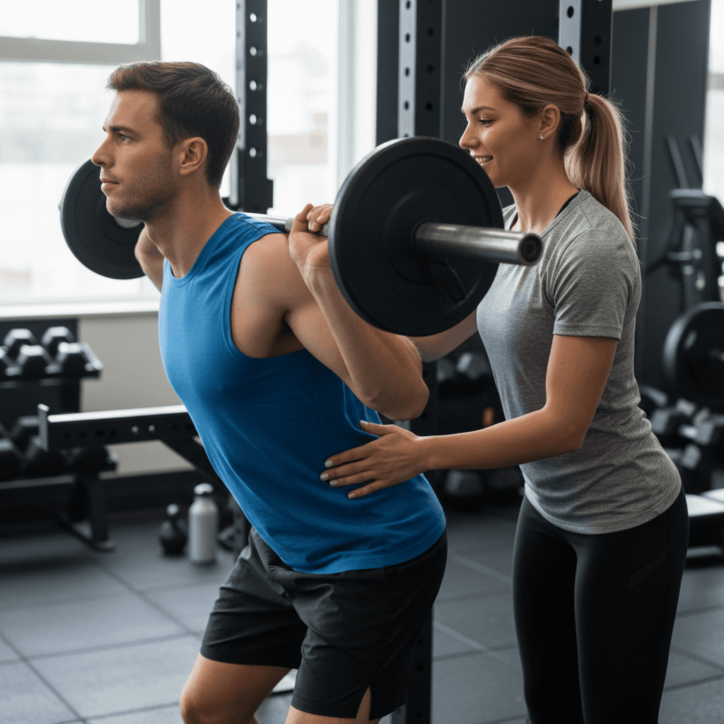 Coach demonstrating proper athletic form to a young athlete