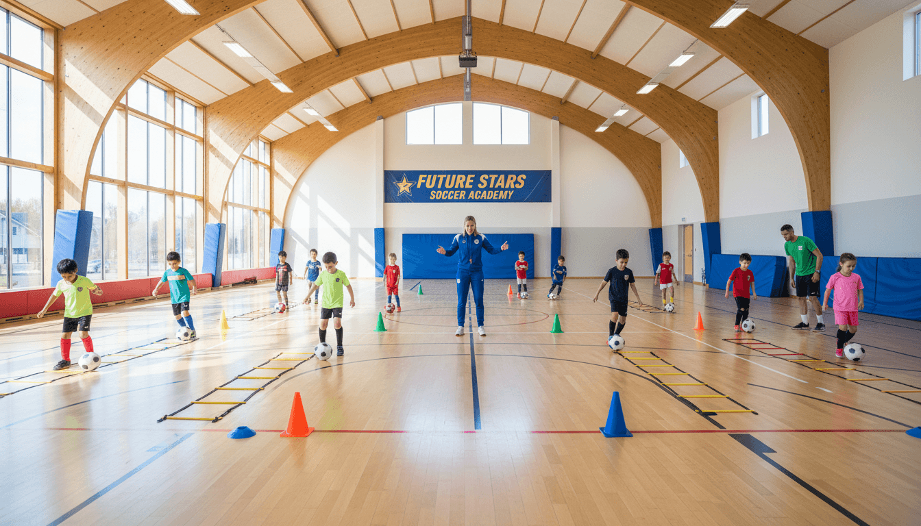 Small group session with young athletes practicing agility drills