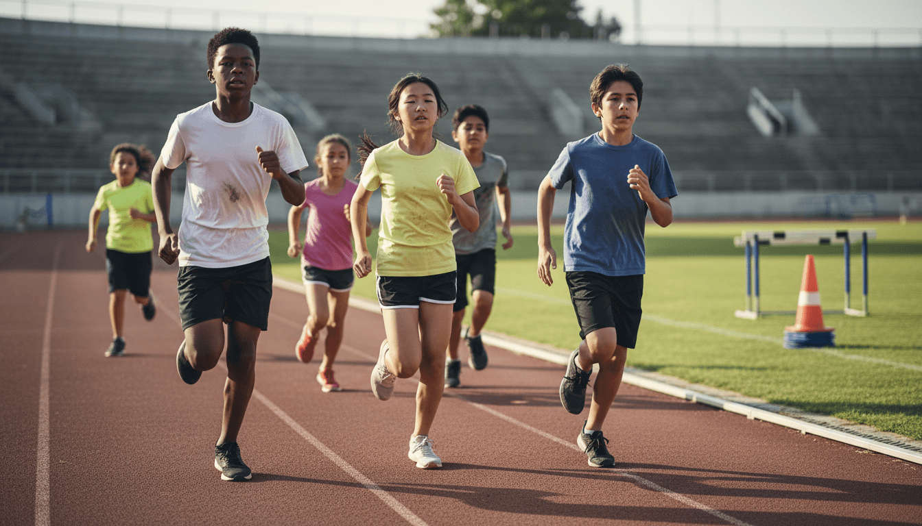 Young athletes performing dynamic movement drills under coach supervision in a modern training facility