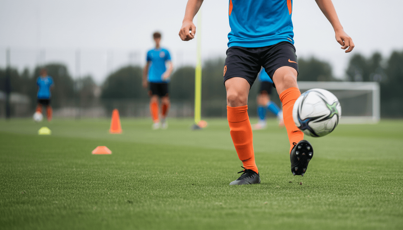 Young footballer performing cone dribbling drill during small group football skills training session