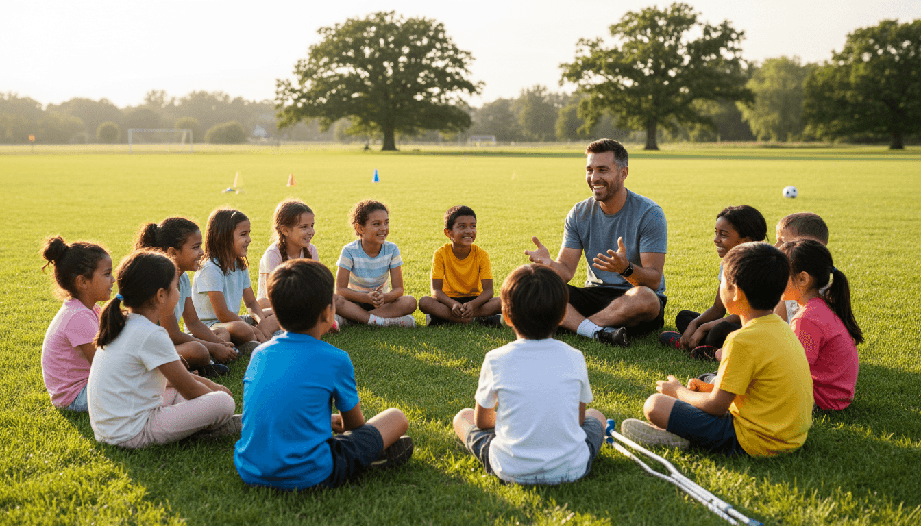 Coach sitting with diverse group of young children during relaxed instruction moment in welcoming outdoor training environment