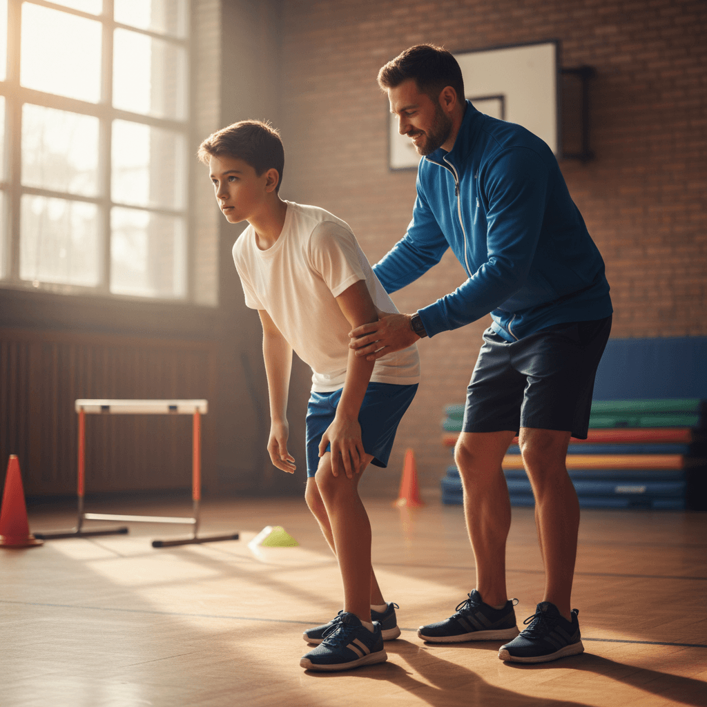 Coach demonstrating athletic technique to focused young athlete in gymnasium with natural window lighting
