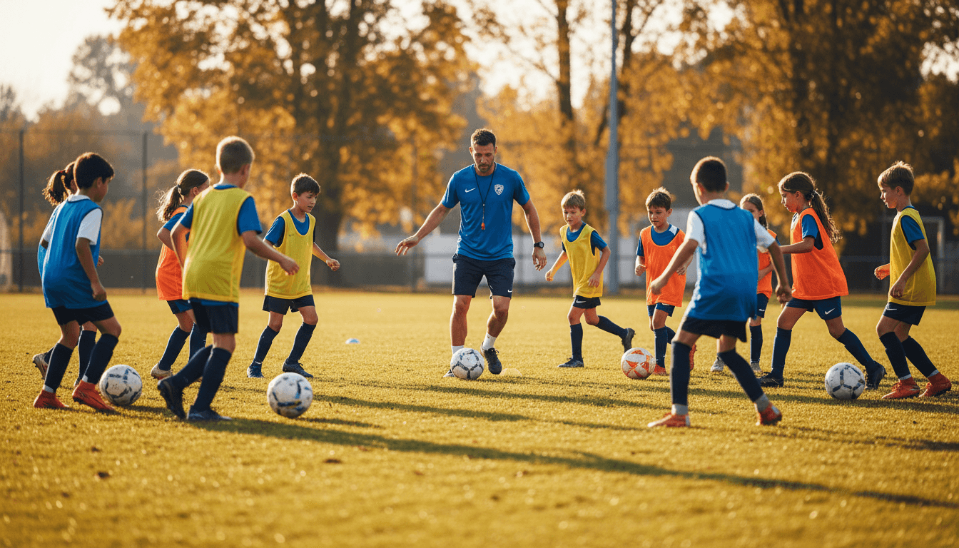 Group of children completing agility footwork drills with multiple training cones during outdoor coordination session