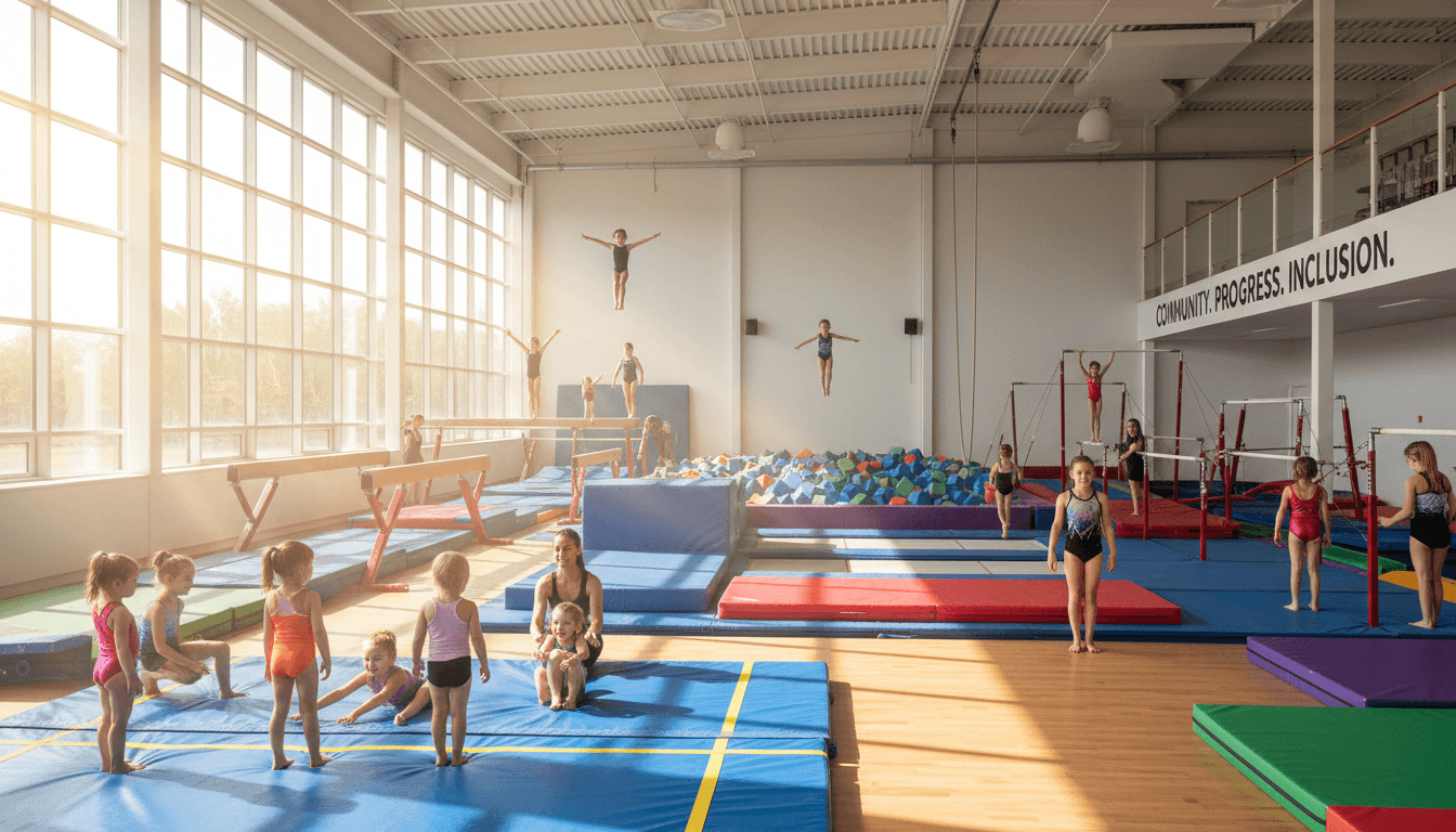 Group of young athletes performing coordinated movement and gymnastics drills during flexible athletics session
